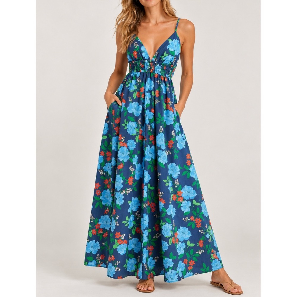 NEW J.Crew Women Blue Floral Smocked Waist Cotton Maxi Sun Dress BW139 Navy S